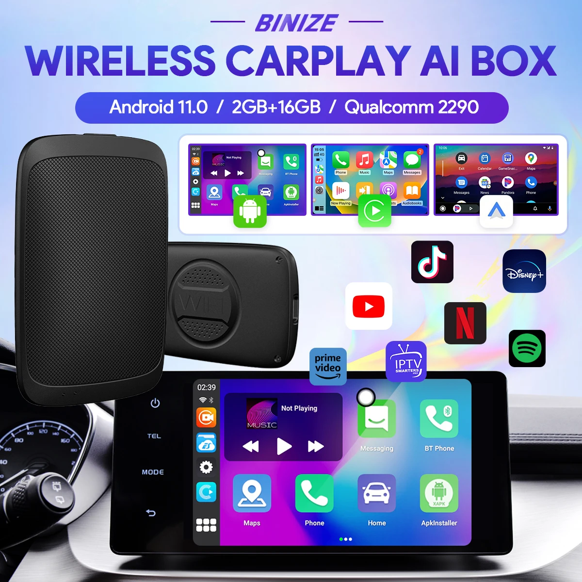 

Binize MINI Ai Box беспроводной CarPlay Android Авто Netflix Youtube 2 + 16G QCM2290 для Volkswagen Toyota Hyundai Volvo Kia