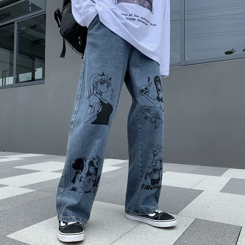 Jeans Men's Brand Clothing Cartoon Printing Harajuku Korean Casual Fashion Graffiti Loose Wide-leg 9-point Pants Men Streetwear