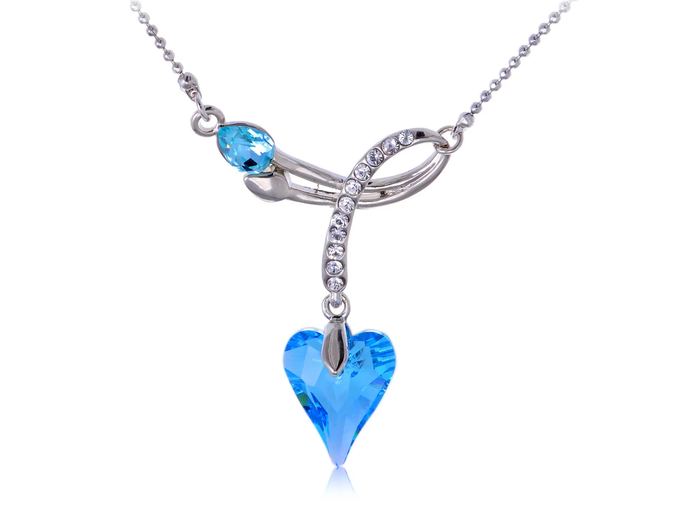 

Womens Crystal Silvery Tone Light Blue Heart Spade Ribbon Pendant Necklace