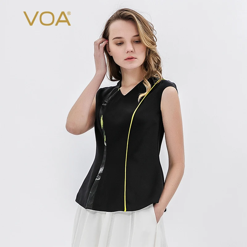 

(Clearance Sale)VOA Silk Black Summer Tops T-shirt V-Neck Asymmetrical Splice Printing Woman Clothes Tshirts Graphic Tee B9030