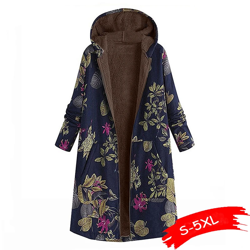 

Mid-length Women Winter Warm Floral Hooded Jacket Flower Print Hoody Vintage Oversized Coats Winter Padded Jacket Women Parkas
