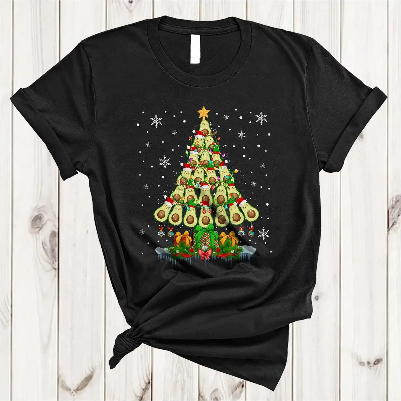 Фото Винтажная футболка Santa Reindeer ELF Avocado Christmas Tree Cute Lights Vegan T Shirt Mug с эффектом потертости, эластичная, для повседневной носки №1