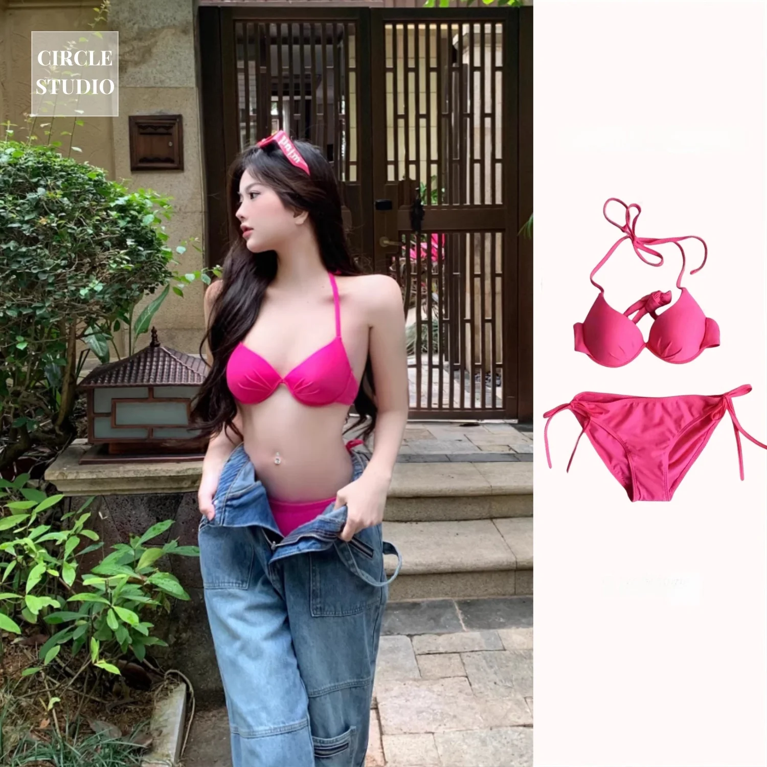Bikinis Swimsuit Women Summer Small Bust Underwire Push up Sexy White Vacation Beach European and American Ins Hot Spring