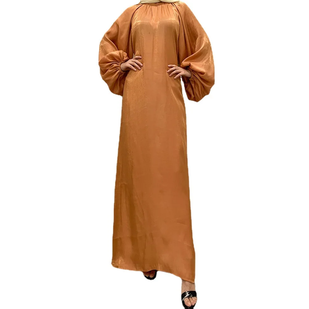 Women Abaya High Quality Modest Maxi Dress Lantern Sleeve Silk Islamic Clothing Robe Glitter Satin Dubai Turkey Kaftan