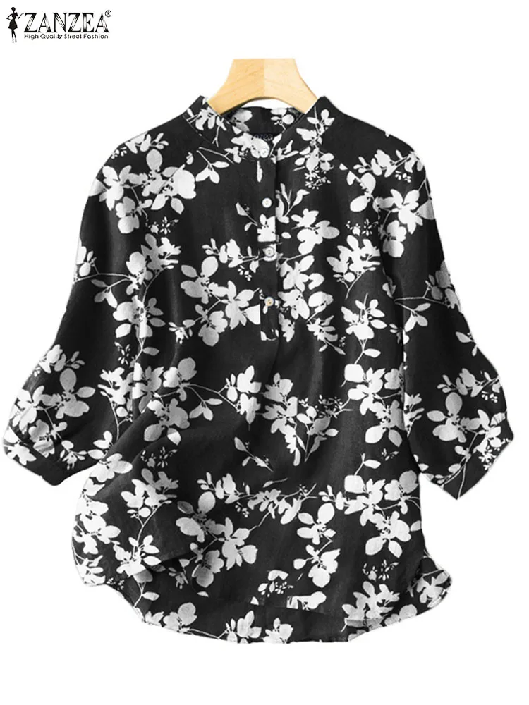 

ZANZEA Fashion Loose Tops 3/4 Sleeve Women Bohemian Printing Summer Shirt 2023 Casual Stand Collar Buttons Holiday Tunics Blouse