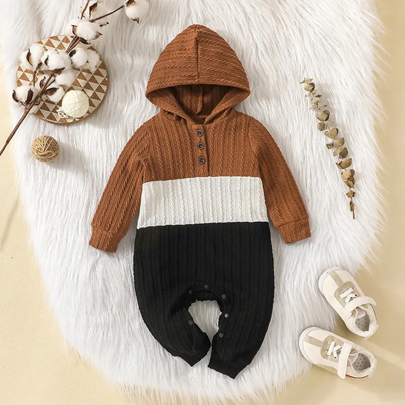 

Newborn Infant Baby Boys Hooded Romper Cotton Knitted Ribbed Long Sleeve Solid Jumpsuit Toddler Clothes Outfits0-24M