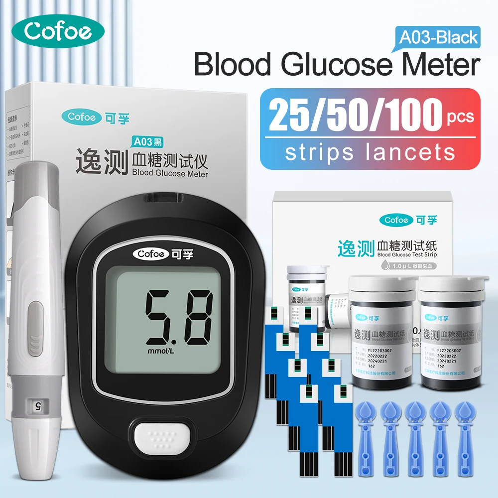 

Cofoe A03 Blood Glucose Meter Measure Blood Sugar Detect Diabetes With 50/100pcs Test Strips Lancets Medical Glucometer Kits