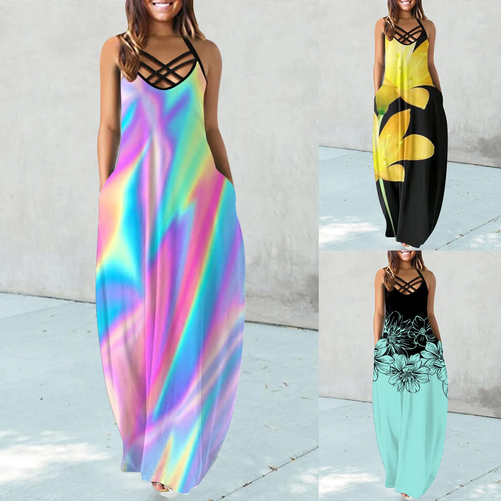 

Summer Dresses For Women Floral Print Sleeveless Double Pocket Wide Strap Cross Strap Maxi Dresses Dress Women Elegant