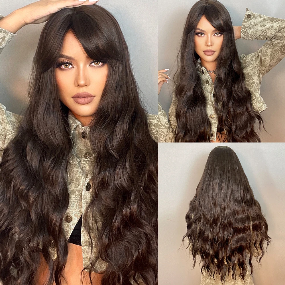 

HENRY MARGU Long Water Wave Synthetic Wigs with Bangs Natural Black Brown Cosplay Daily Hair Wigs for Women Afro Heat Resistant