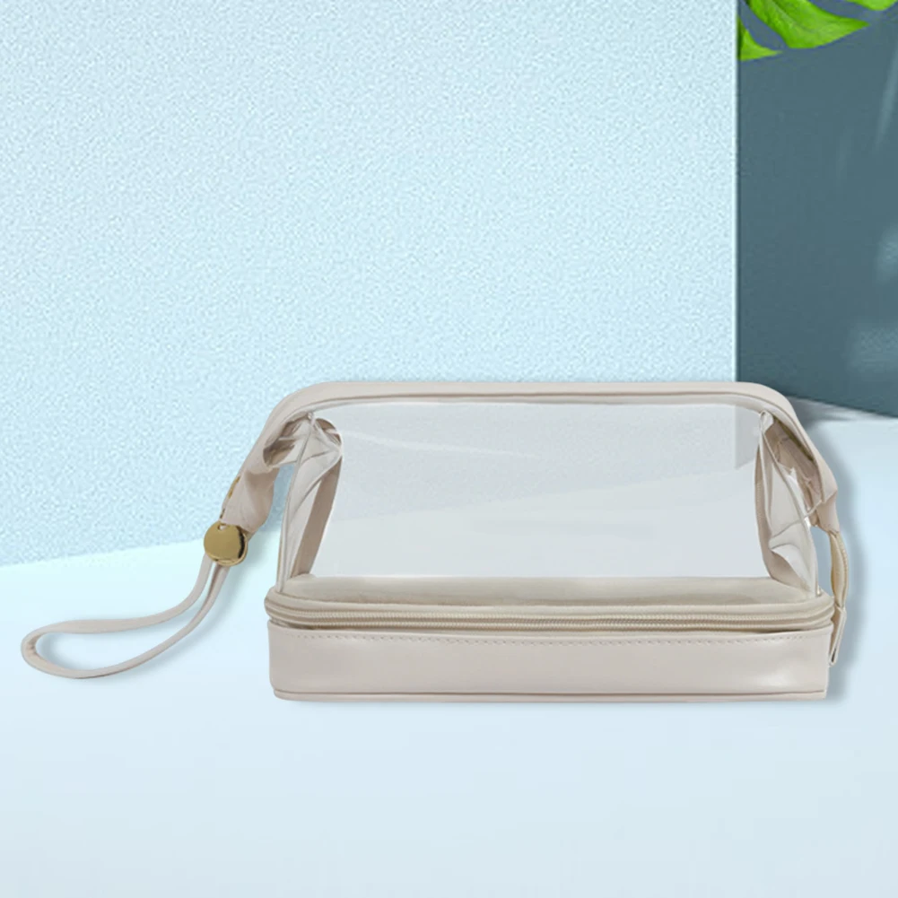 

Double Layer Cosmetic Organizer Bag Multifunctional PU Toiletry Organizer Bag Large Capacity with Zipper for Women Holiday Gifts