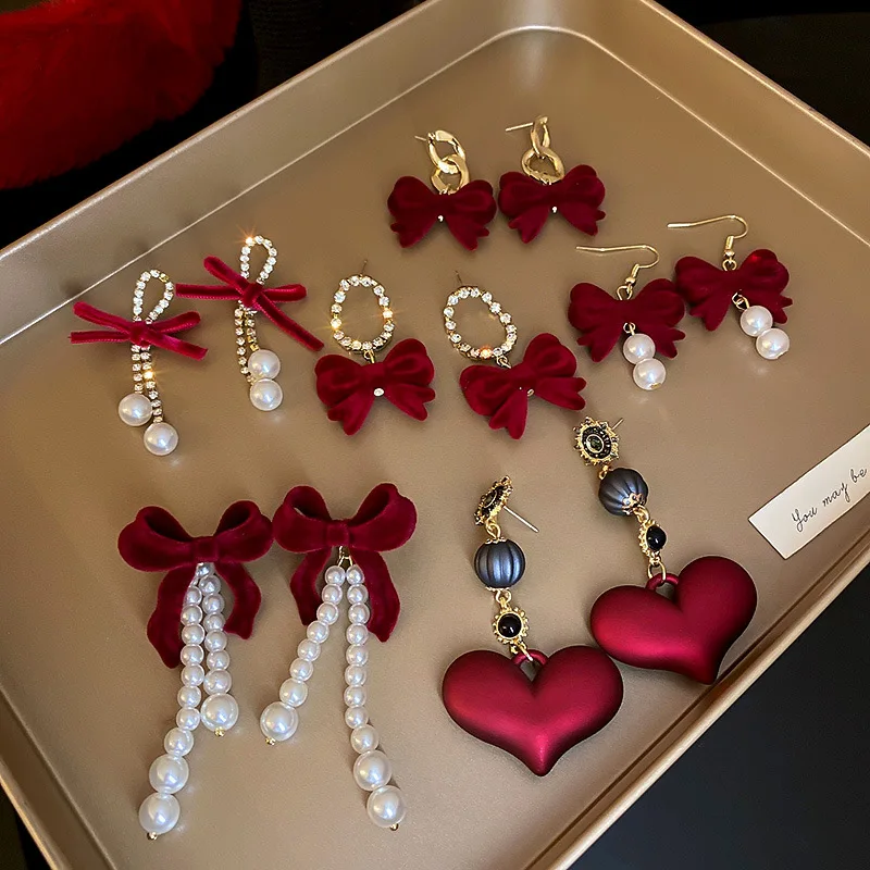 

KAITIN 925 Silver Red Love Bow Earrings for Women Light Luxury Vintage Long Women Earrings New Year Festive Jewelry 2023