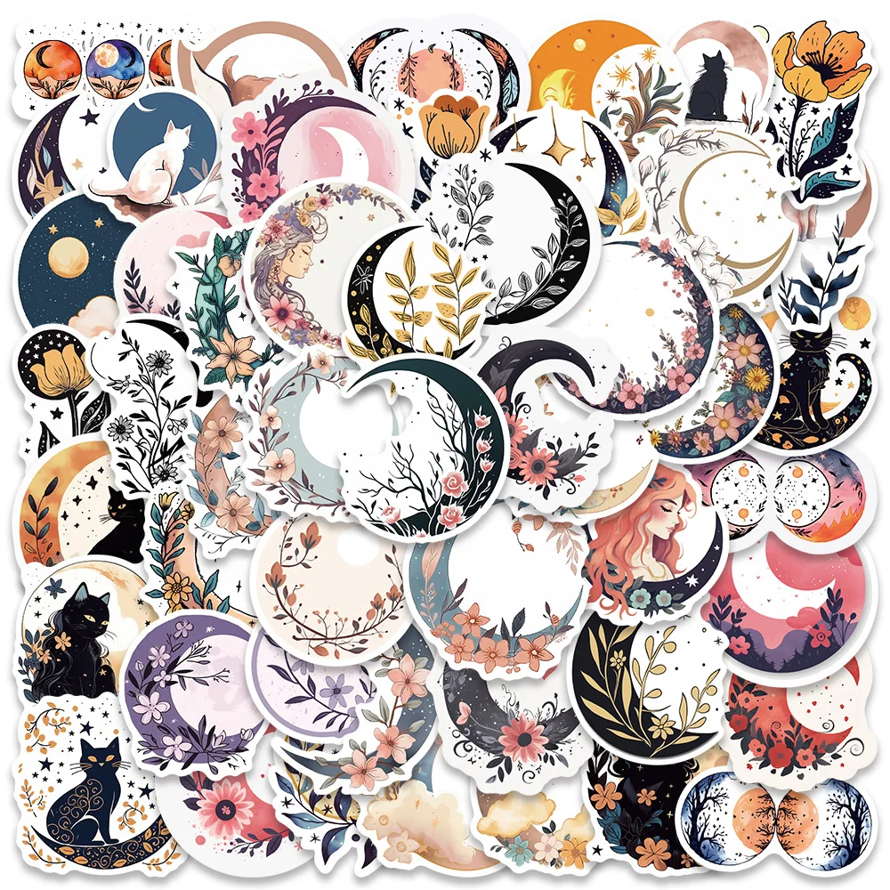 

10/50pcs Cute Cartoon Boho Moon Flower Cats Stickers Pack For Luggage Guitar Laptop Phone Waterproof Graffiti Bicycle Car Decals