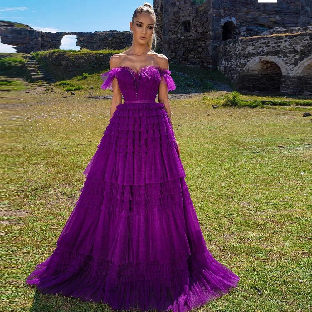 

Purple Tiered Tulle Prom Dresses Off Shoulder Pleat Ruched Ruffles Dubai Women Evening Gown Formal Party Dress