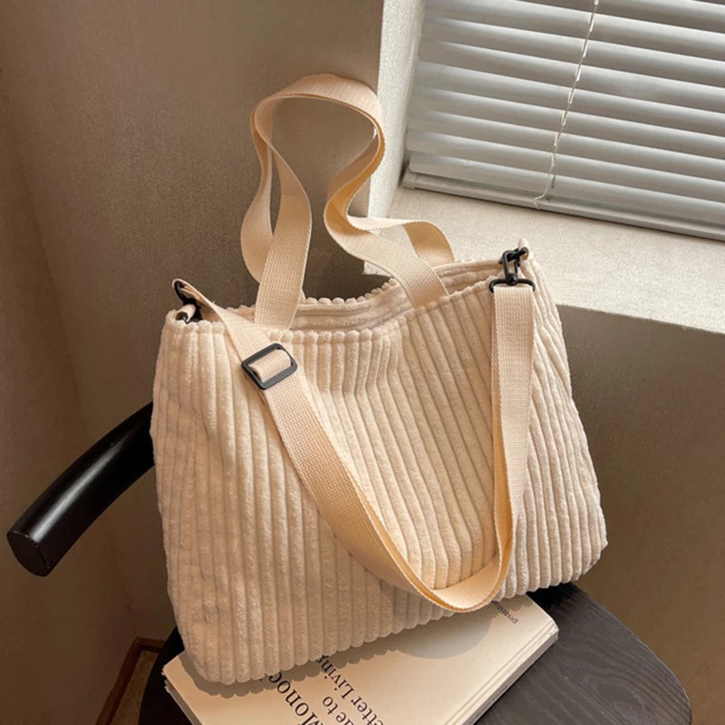 

Solid Soft Corduroy Handbags Women Winter Shoulder Side Bag Vintage Versatile Commuting Large Shopper Shopping Bags Zipper Totes