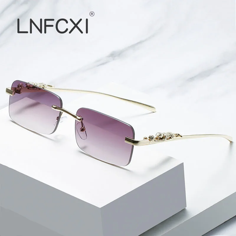 

LNFCXI Retro Rimless Rectangle Sunglasses Women Cheetah Decoration Fashion Clear Ocean Lens Eyewear Men Sun Glasses Shades UV400