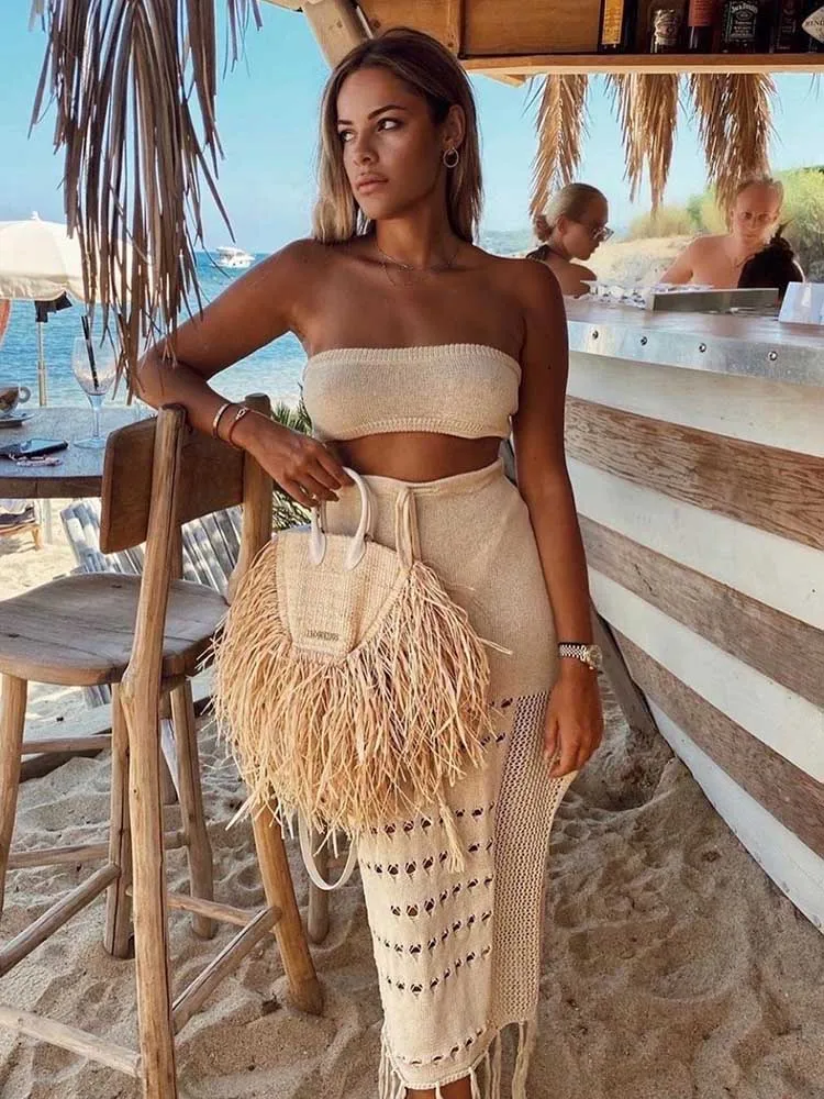 

Women’s Knitted Skirts Sets Holiday Beach Halter Wrapped Chest Tops+Drawstring Side Split Hollow Out Tassel Skirts 2Pieces Suits