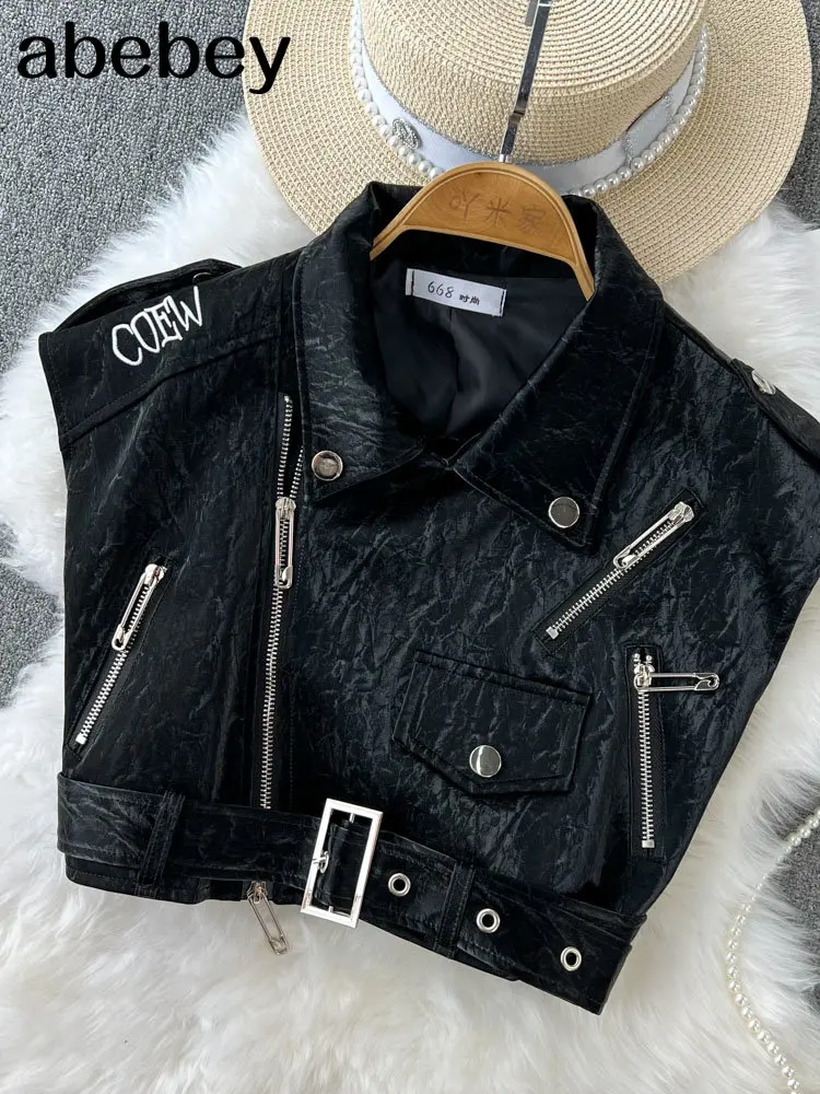 

Streetwear Punk Style Patchwork Cropped PU Leather Jacket Women Zipper Autumn Winter Jacket Letters Basic Coat
