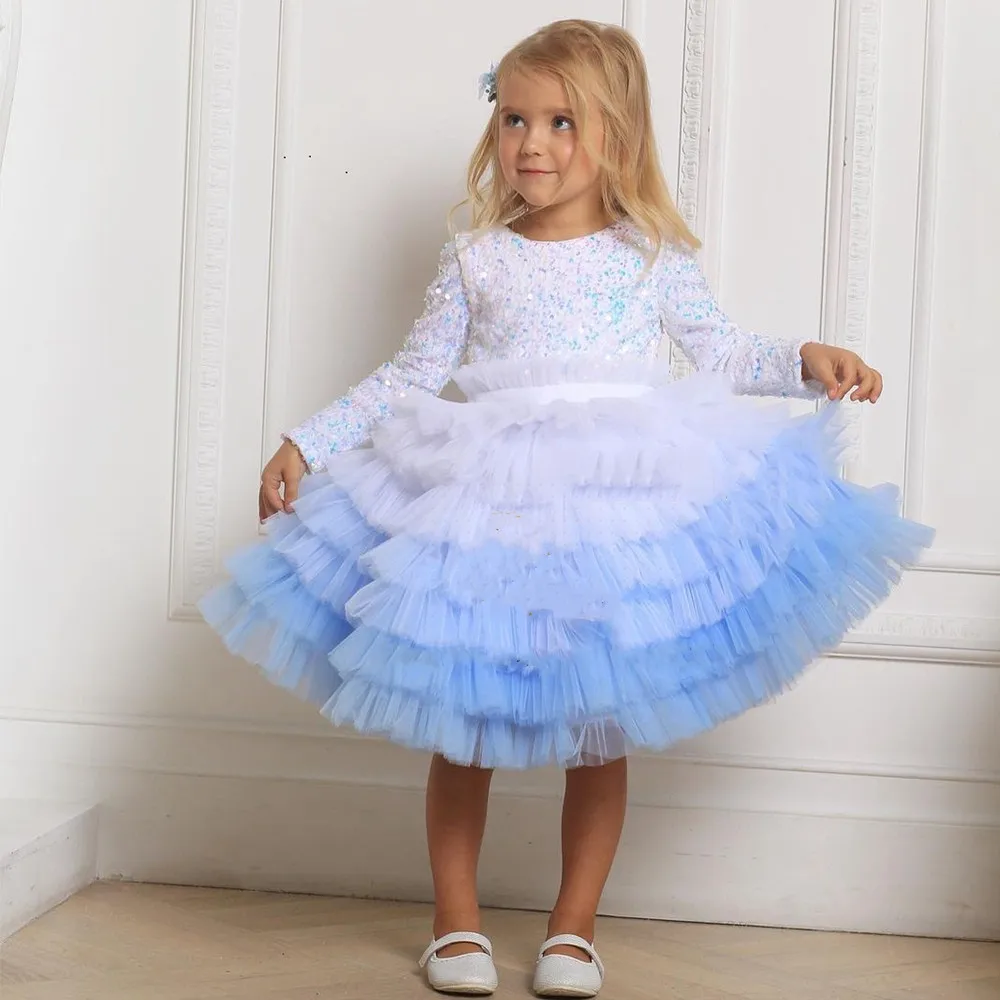 

Блестящие платья для маленьких девочек, Многоярусное Тюлевое платье с блестками и длинными рукавами для девочек на день рождения, детское платье до колена для рождественской вечеринки