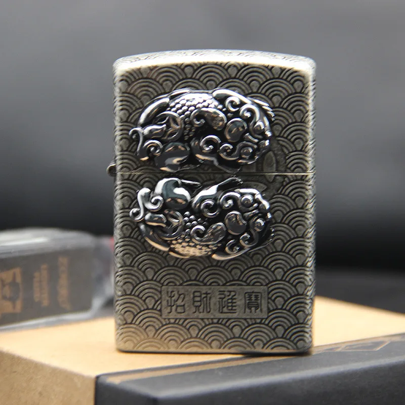

Ancient silver Zorro "Lucky Jinbao" thick pure copper shell, retro grinding wheel windproof kerosene lighter smoking accessories