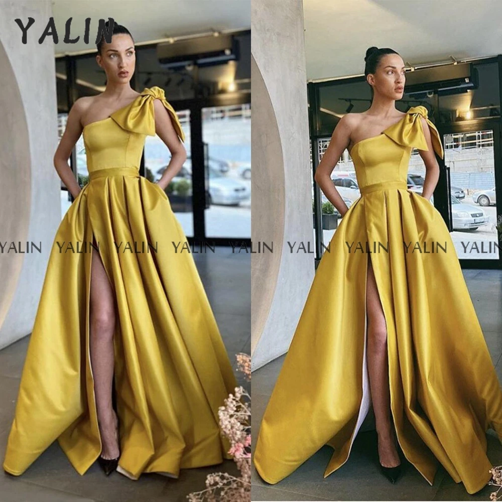 

YALIN A-силуэт с высоким разрезом для выпускного вечера из сатина простое в пол желтое вечернее платье с бантом vestidos de noite 2022 Новинка