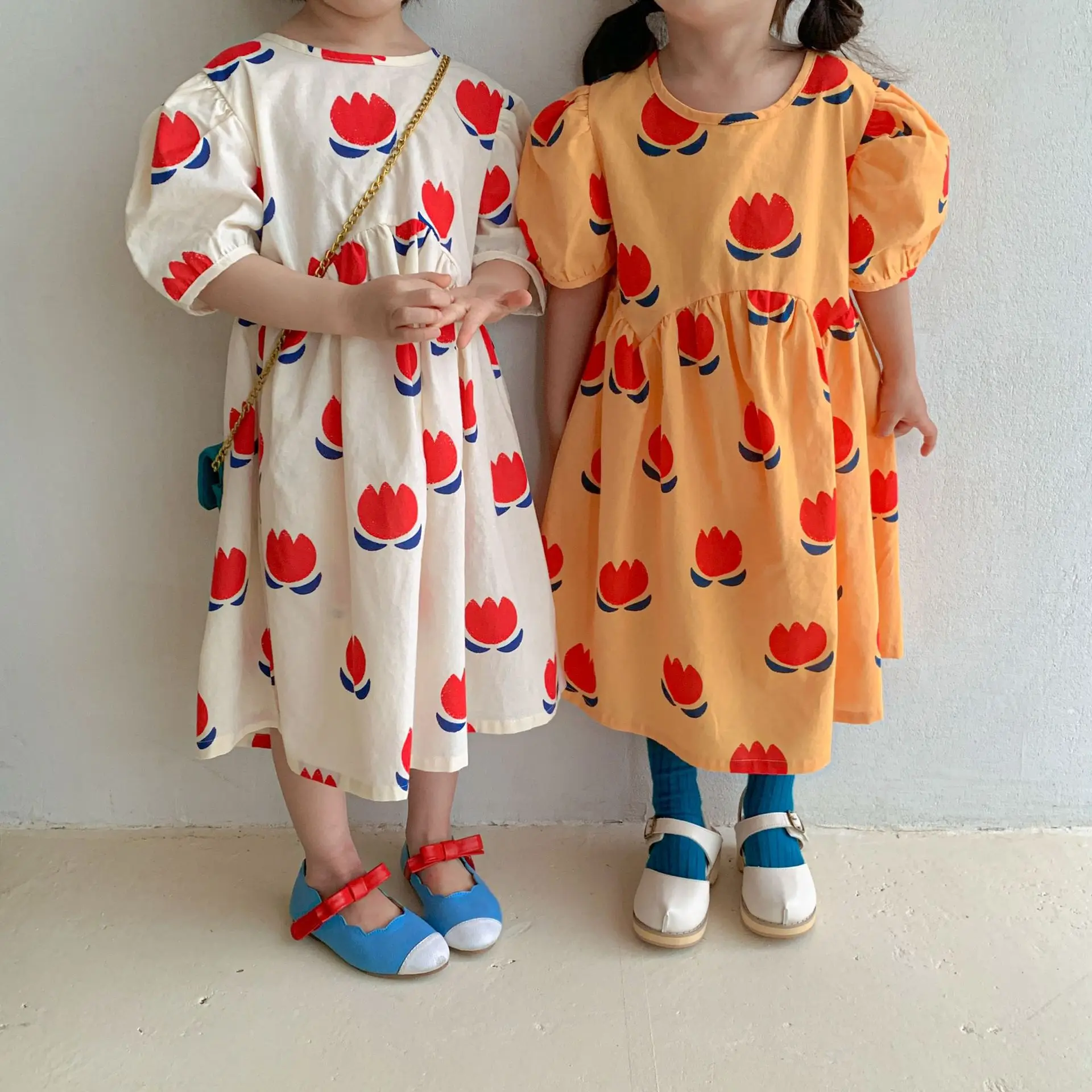 

2059C Girl Dress 2022 Summer New Cotton Exotic Flowers Baby Girl Clothes Bubble Sleeves Princess Dress