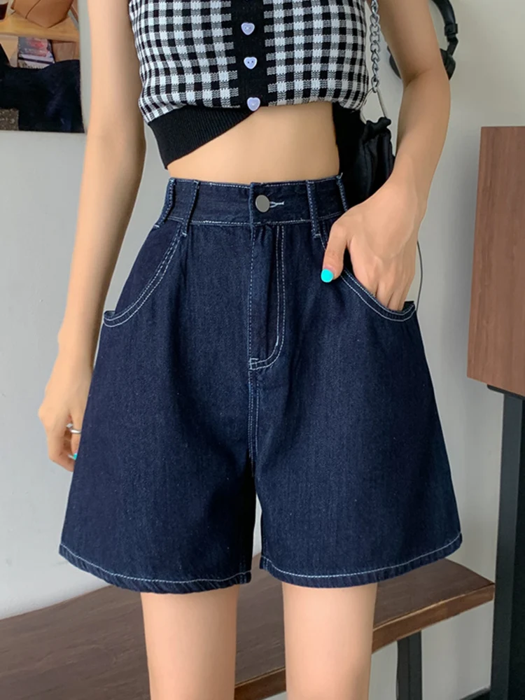 New Summer Women Wide Leg Straight Blue Denim Shorts Streetwear Female High Waist Button Loose Jeans Shorts Bottoms