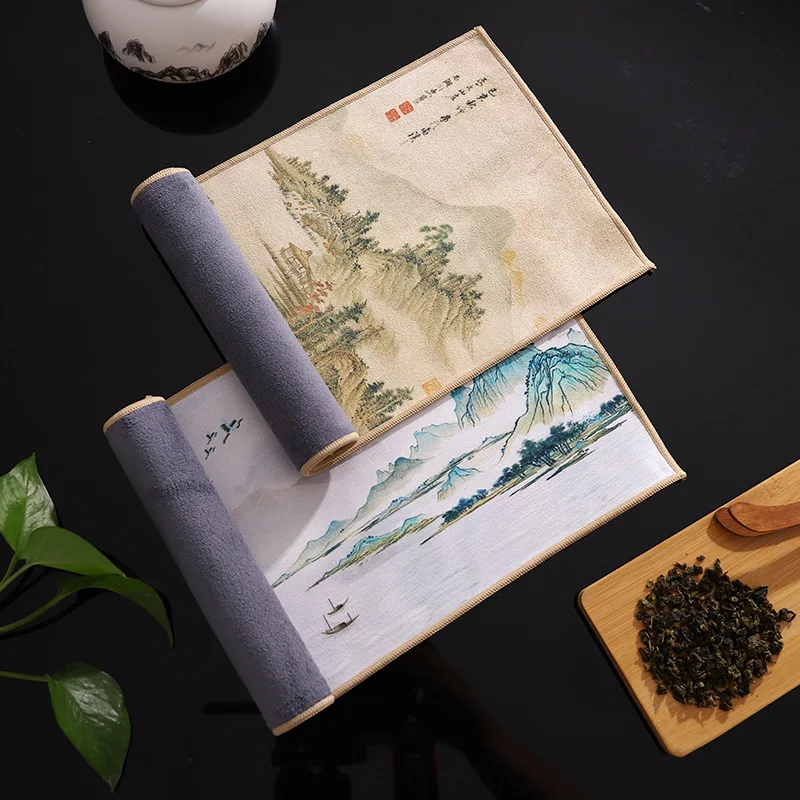 

1 Piece Chinese Style Painted Tea Towel Thickened Absorbent Rag Table Cleaning Household Dishcloth Tea Set Accessories