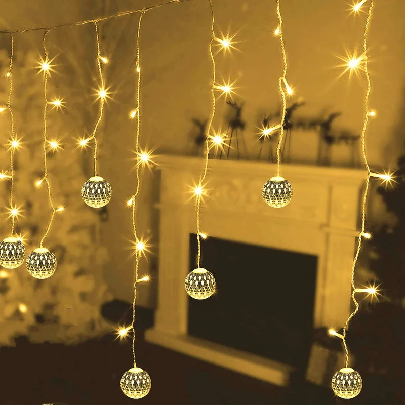 

Led Curtains Icicle Lights Droop 0.3/0.4/0.5M LED Balls Moroccan Hollow Metal Ball Garland for Home Window Christmas Decorations