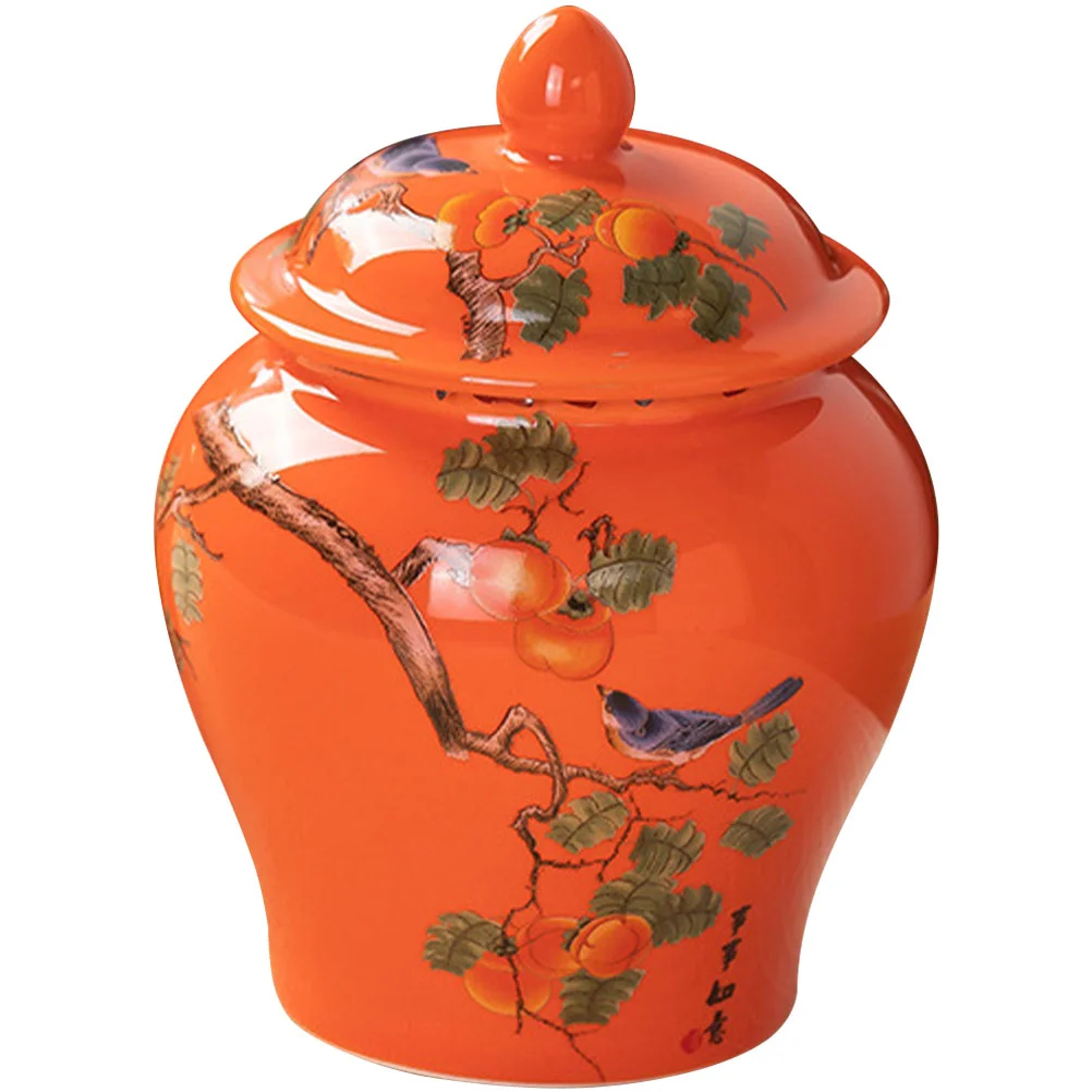 

Ceramic Sealed Teapot Porcelain Persimmon Bird Pattern Tea Storage Tank