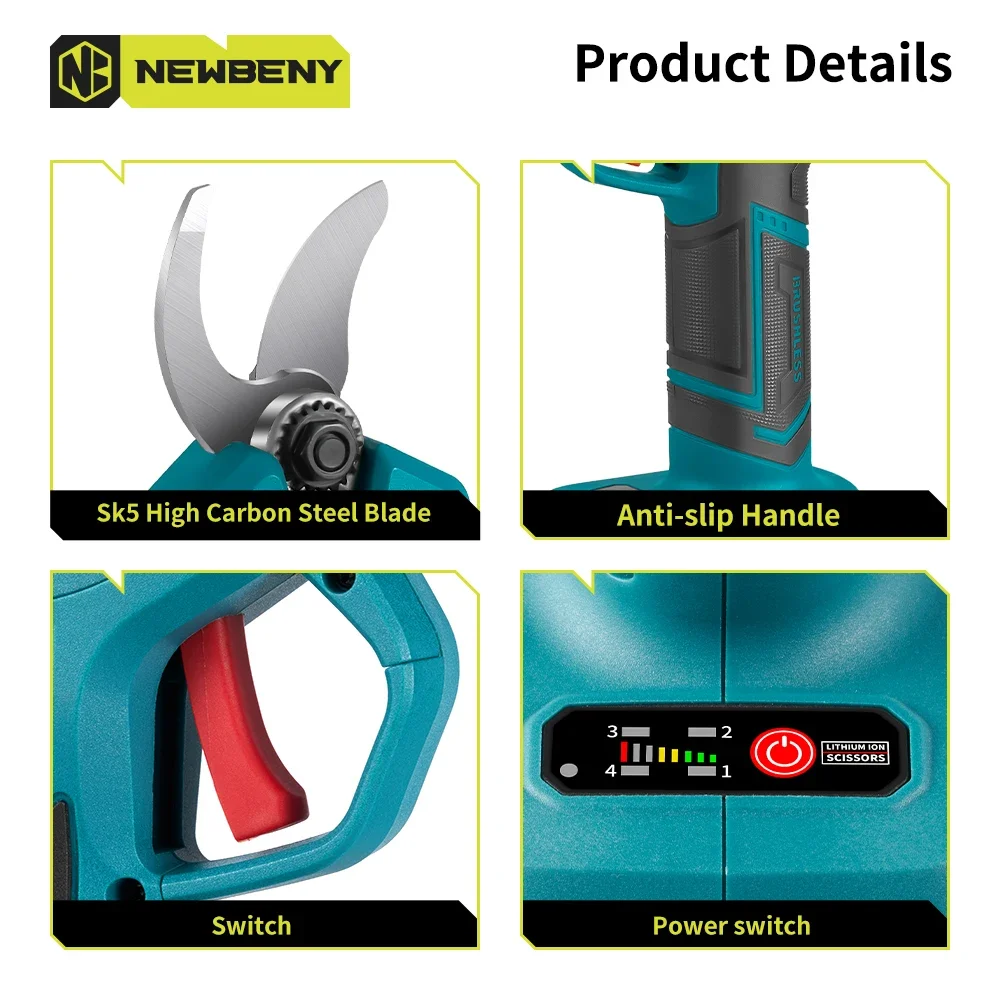 NEWBENY 30 мм бесщеточные электрические секаторы с 4 передачами аккумуляторные