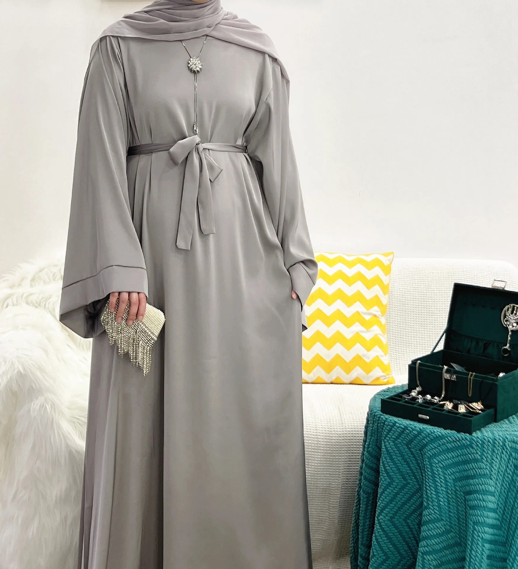 Ramadan Satin Abaya Dress with Hijab Turkey Plain Muslim Islam Clothing Abayas for Women Dubai Belt African Dresses Kaftan Robe
