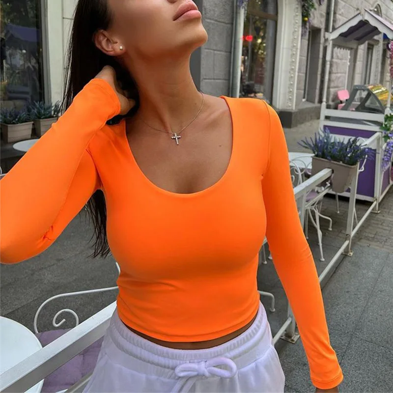 Basic T-shirts Spring Autumn Long Sleeve U Neck Tight Slim Pullover Top Fashion Simple Tees Women T Shirts Clothes Solid Tops