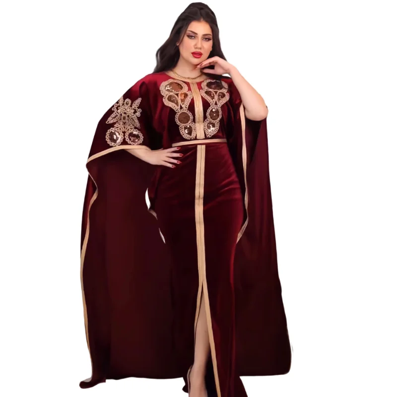 2023 Summer Autumn Muslim Fashion Women Half Sleeve O-neck Velvet Sequined Party Wedding Long Abaya Muslim Dresses Abaya Dress
