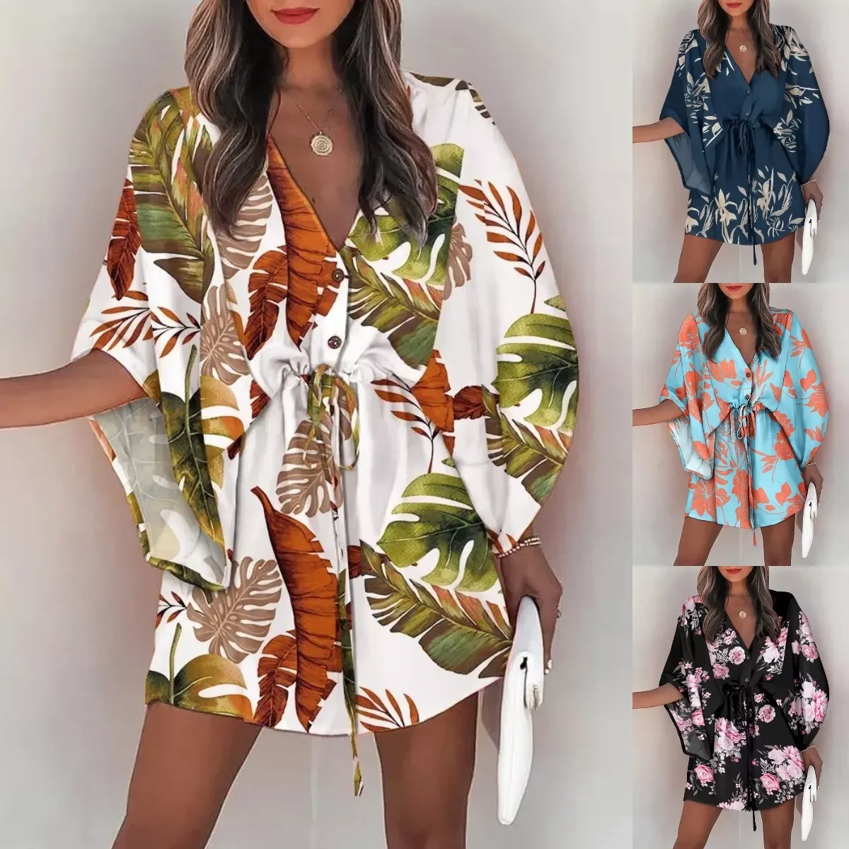 

New in 2022 V Neck Shirt Dress Women Summer Print Batwing Sleeve Button Lace-Up Mini Dress Fashion Loose Boho Beach Party Dresse