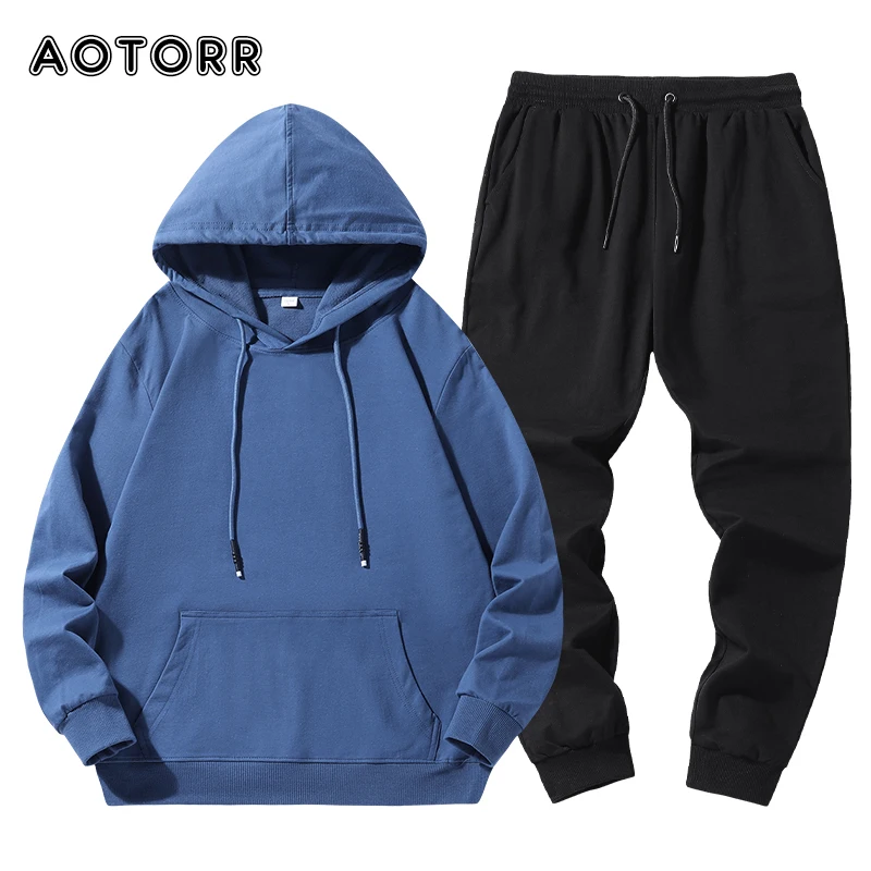 

New Solid Color Hooded Mens Set Multicolor Casual Loose Sportswears 2 Pieces Sets Men Hoodie + Pants Spring Autumn Clothing 5XL
