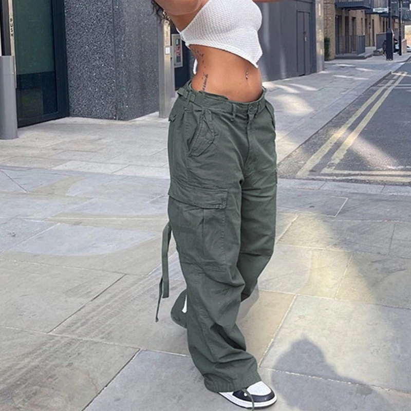 

Female Vintage Cargo Pants Solid Color Zipper Low Rise Baggy Casual Street Style Long Trousers with Pockets Women