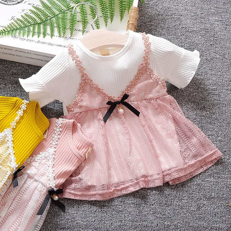 

Infant Baby Girls Tops Summer Sweet Comfortable Solid O-neck Tees Lace Spaghetti Straps Patchwork Princess Short Sleeve T-shirt