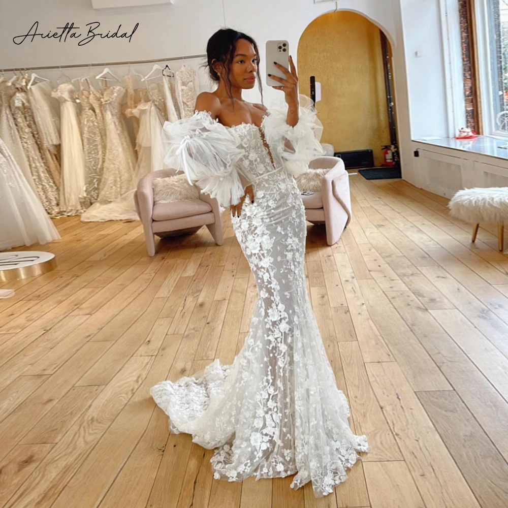 

Arietta Lace Mermaid Wedding Dresses Off the Shoulder Long Sleeves Trumpet Bridal Gowns 2023 Fitted Princess Bride Dresses