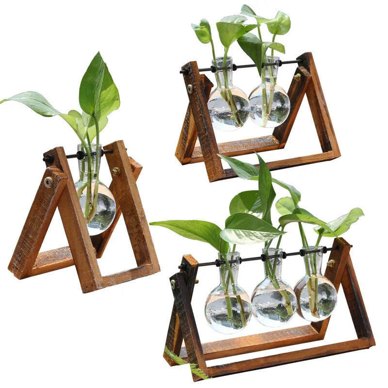 Креативная прозрачная ваза для гидропонных растений Terrarium с деревянной рамкой