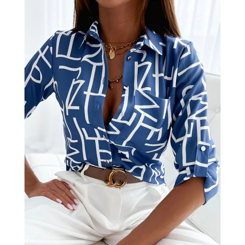 

STYLISH LADY Geometrical Printed Shirt 2022 Autumn Women Long Sleeve Turn Down Collar Single Breasted Casual Loose Blouses Shirt