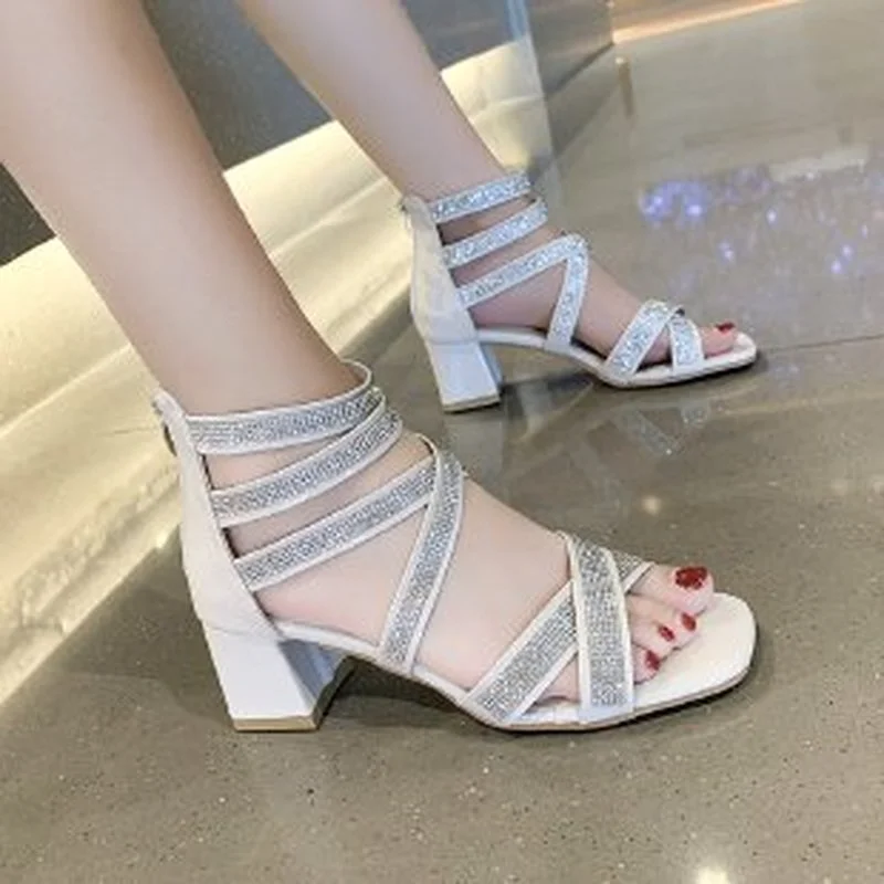 

2022 Roman Mid Heel Sandals Fairy Shoes Open Toe Hight Heels Diamond Sandals Women Summer New Fashion Women's Sandals