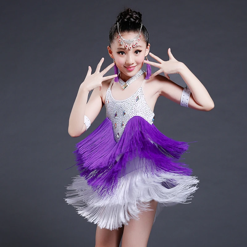 

Latin Dance Clothes Girls Sling Rhinestone Fringe Ballroom Dance Competition Dress Festival Stage Performance Costumes DQL6099