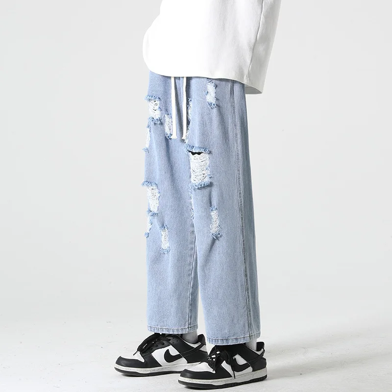 DEEPTOWN Vintage Ripped Jeans Men Retro Distressed Denim Trousers Male Hole Pants Punk Loose Casual Streetwear Hip Hop Spring