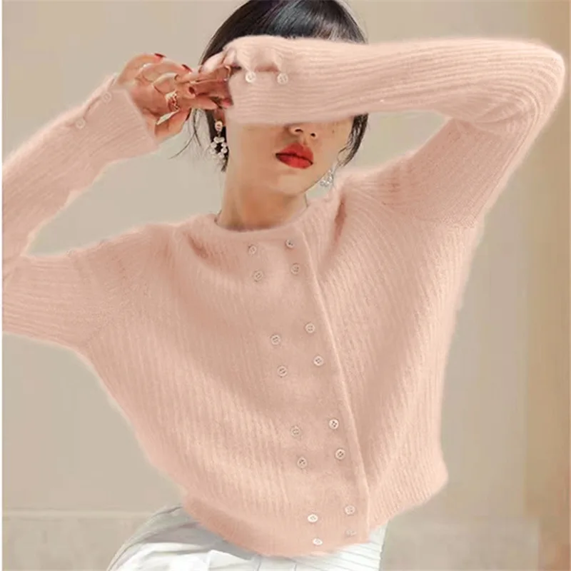 Женский вязаный кардиган с длинным рукавом элегантный свободный двубортный