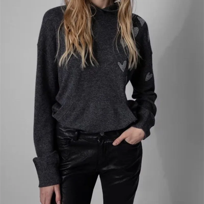 

Women Hooded Sweater Heart Hot Rhinestones Simple Long Sleeve Loose Knitted Pullovers 2022 Early Autumn