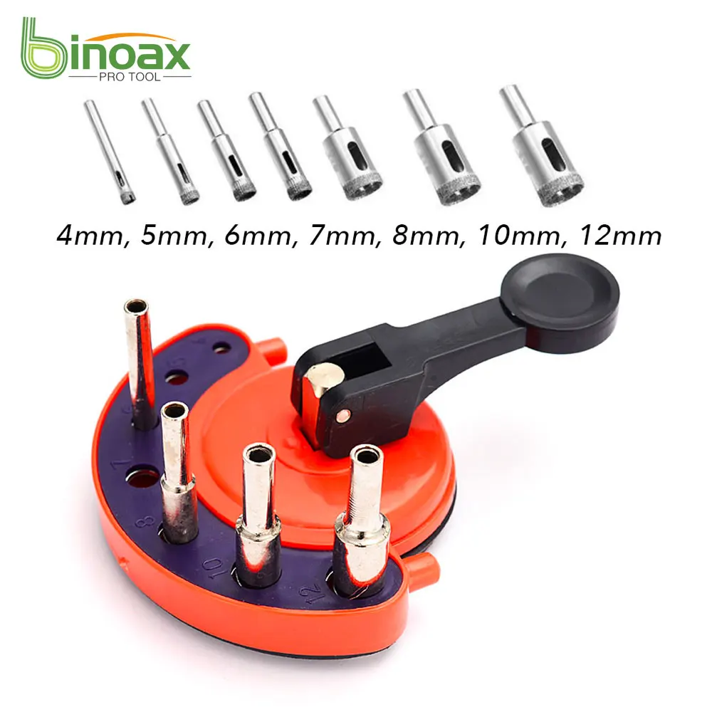 

Binoax 8Pcs Drill Guide Vacuum Base Sucker with 4-12mm Diamond Coated Glass Drill Bit Fit Tile Glass Hole Saw Openings Locator
