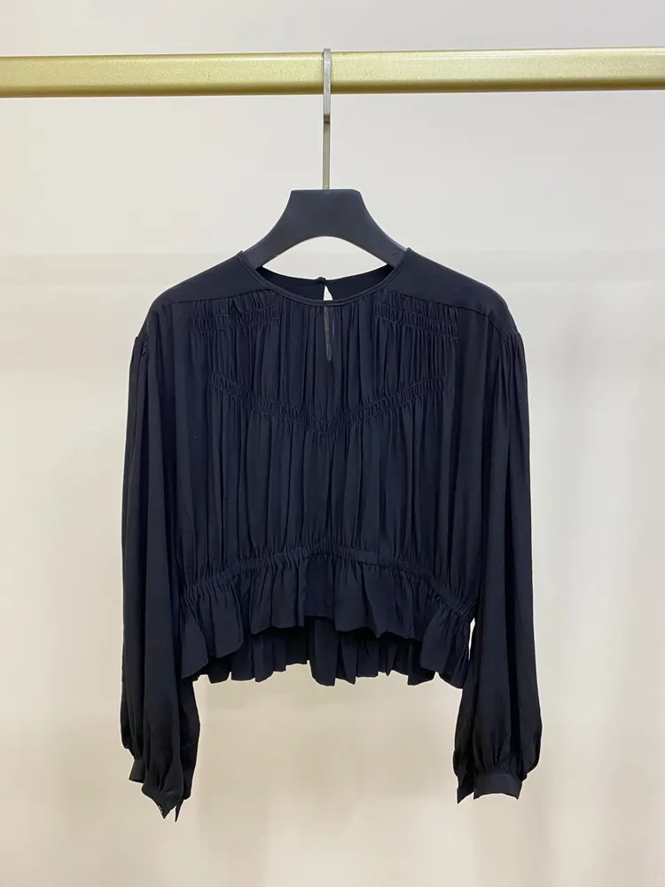 

Women Blouse Pleated Long Sleeve Loose O-Neck Vintage Shirt