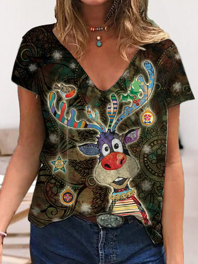 

Летняя женская футболка, милая Повседневная модная футболка в уличном стиле с принтом оленя и короткими рукавами, свободная и удобная футбо...