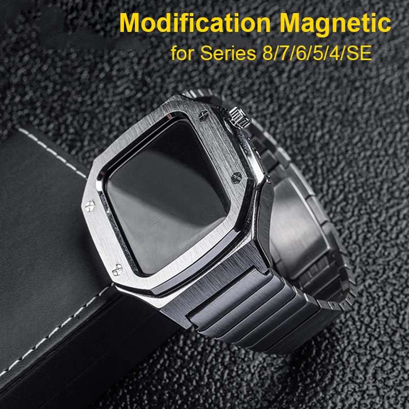 

Latest Modification Magnetic Stainless Steel Case for Apple Watch Band Series 8 7 45mm Metal Strap for iWatch 6 5 4 SE 44mm