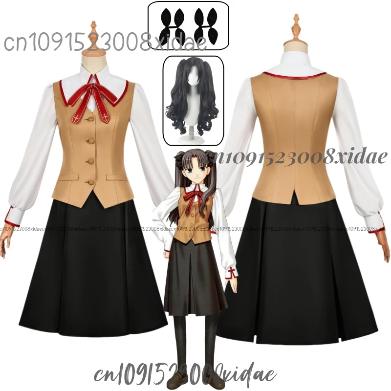 Аниме игра Fate/stay Night Tohsaka Rin косплей костюм красный дьявол парик пальто школьная
